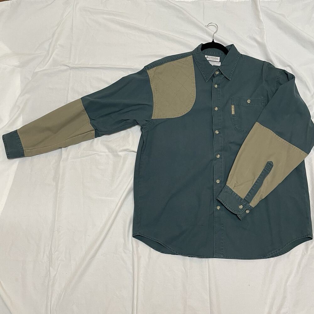 Vtg 90s Columbia Button Up Hunting Shooting Shirt Green/ Tan L*flaw*READ